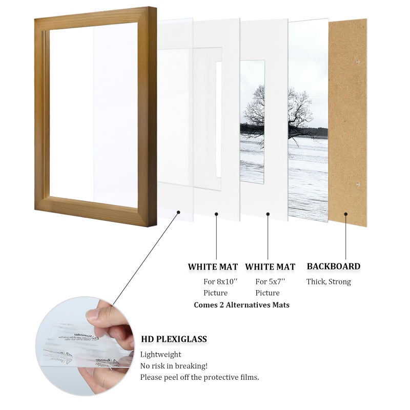 Egofine 11x14 Picture Frame Made of Solid Wood with Plexiglass, Display Pictures 5x7/8x10 with Mat or 11x14 Without Mat, for Table Top and Wall Mounting Photo Frame, Light Brown - Image 4